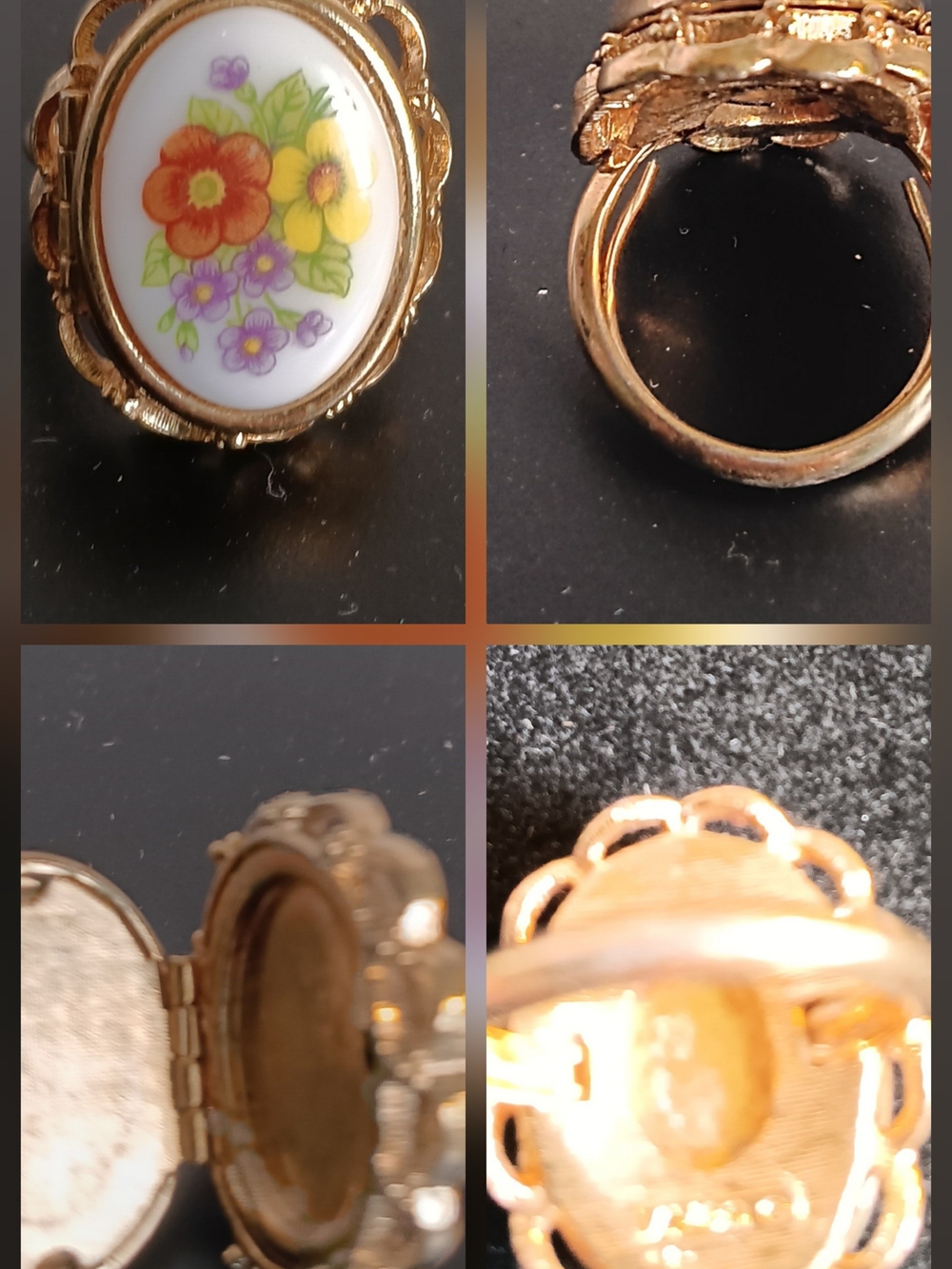 Gold Floral Porcelain Locket Ring - Multicolor Flower Design